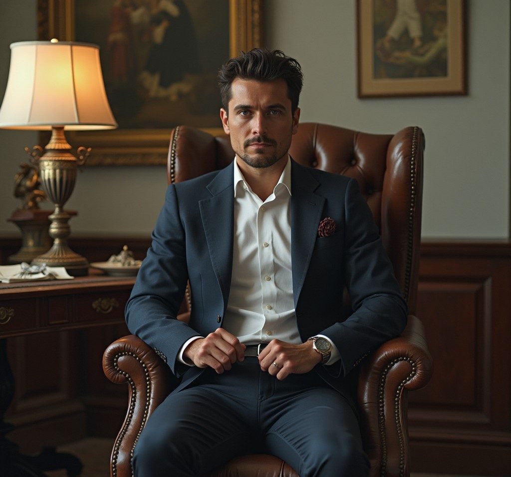 Image d'un homme élégant sur son fauteuil dans un bureau luxueux