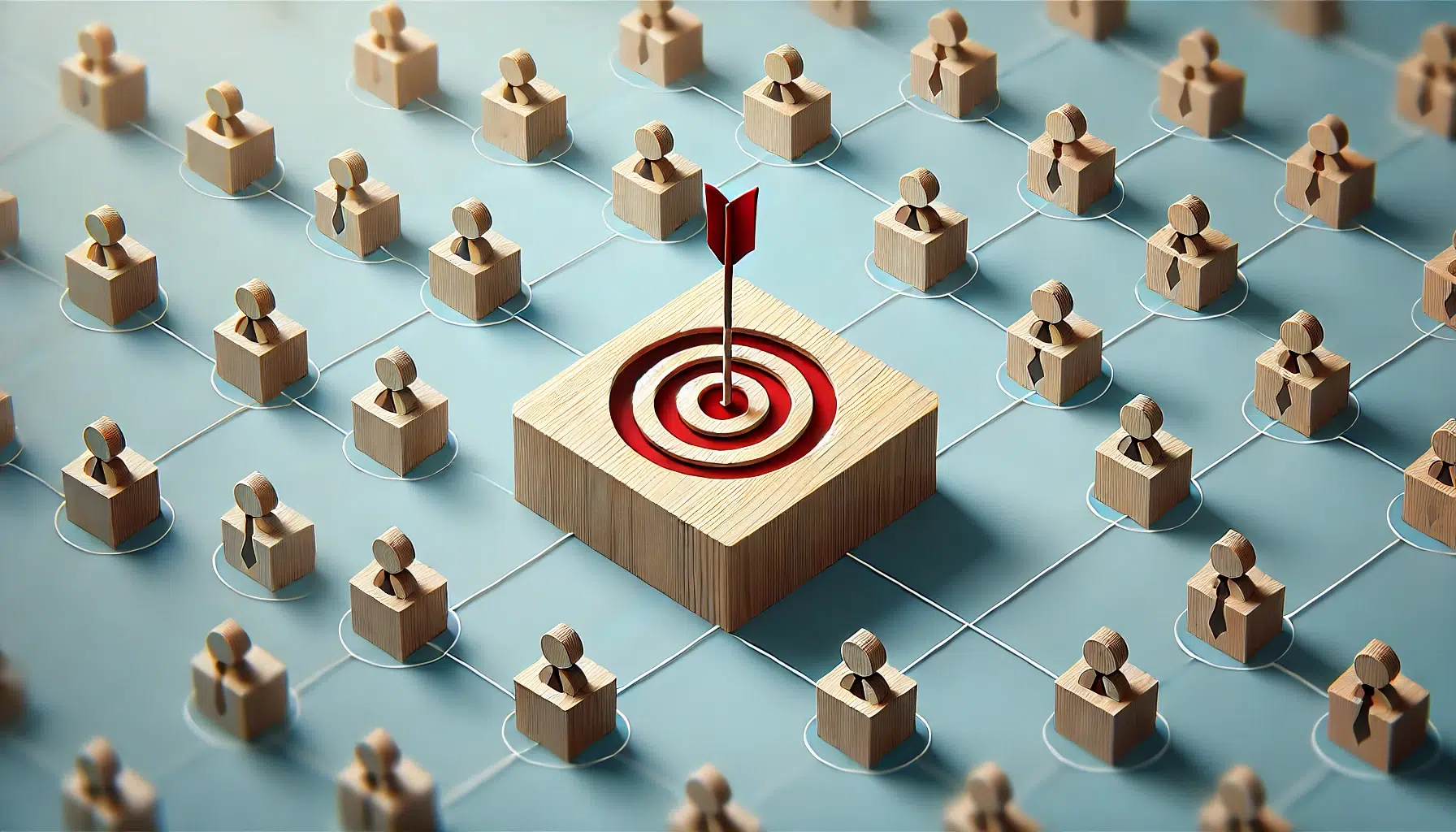 Illustration conceptuelle et moderne au format paysage montrant un réseau de blocs en bois connectés par des lignes fines sur un fond bleu clair. Un seul bloc central est marqué d'une cible rouge avec une flèche, symbolisant la précision et le ciblage dans un processus de sélection ou de recrutement.