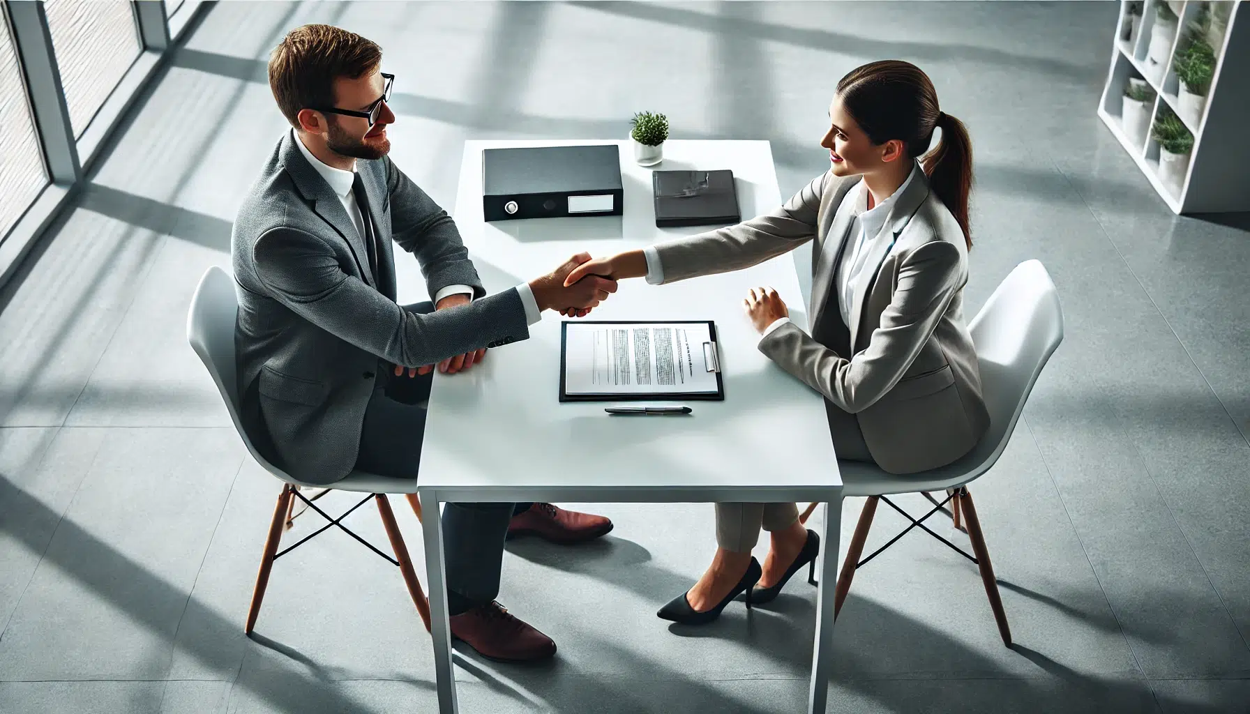 Deux personnes en tenue professionnelle sont assises à une table blanche moderne dans un bureau lumineux. Elles se serrent la main en signe d'accord, avec des documents, un stylo et un classeur soigneusement disposés sur la table. La perspective est vue de dessus, montrant un environnement de travail propre et organisé.