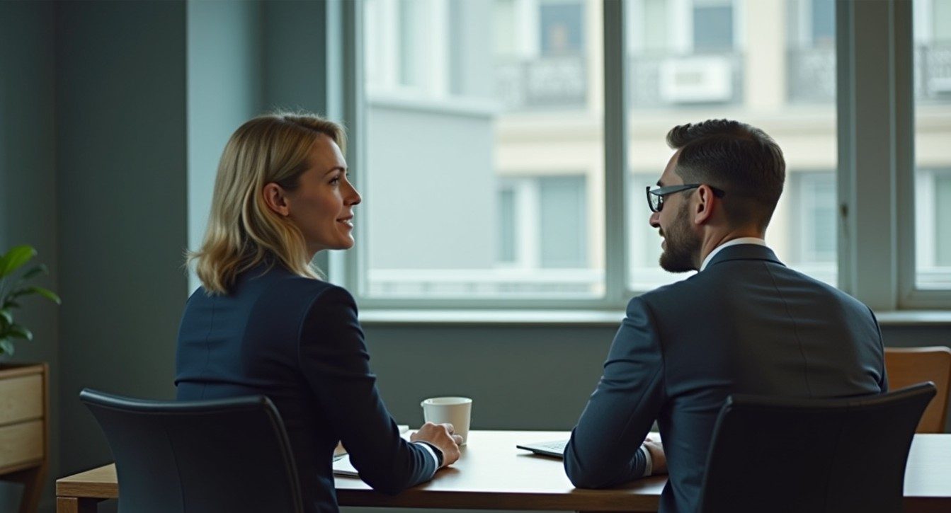 Un homme et une femme face à une table dans un rendez-vous professionnel